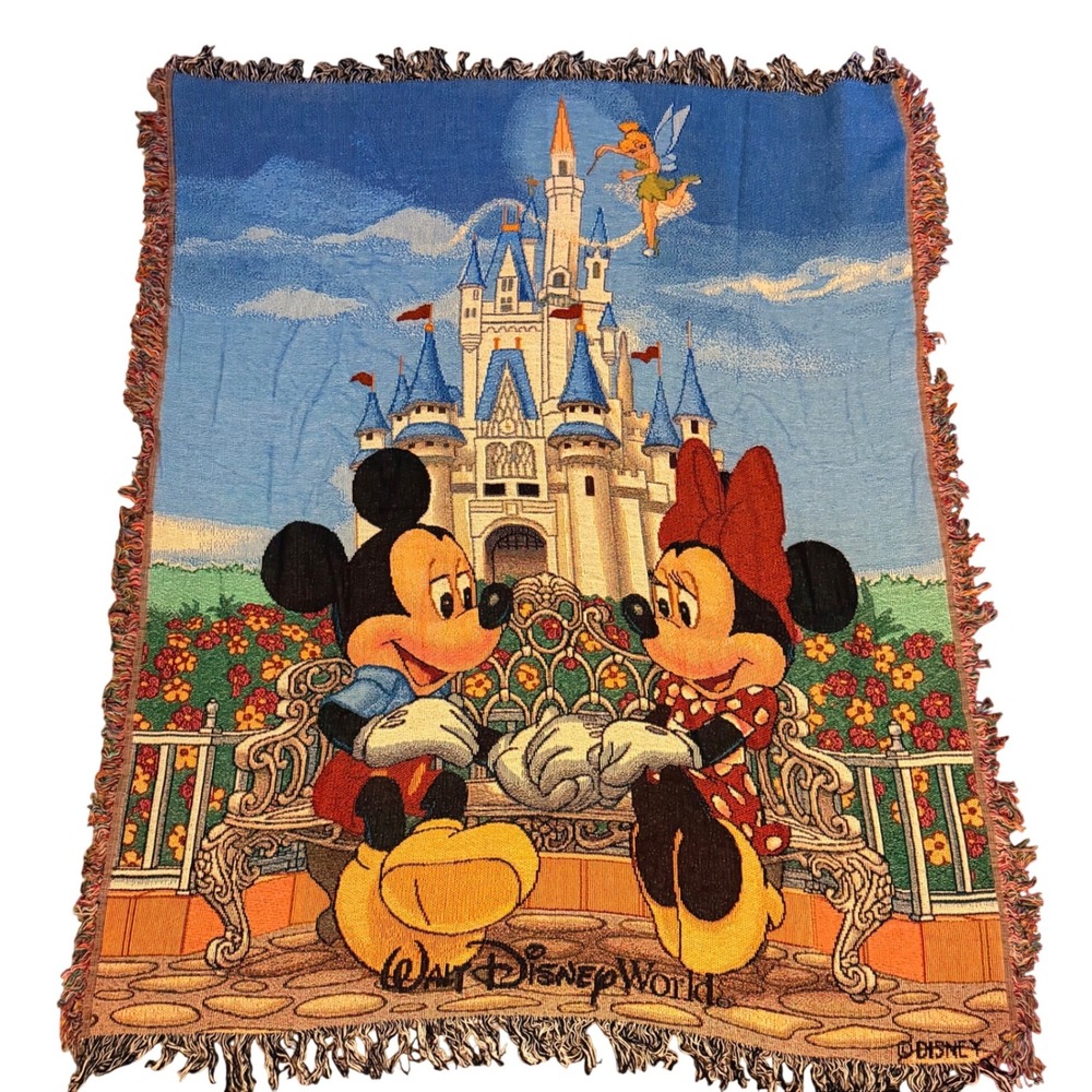 Walt Disney World Magic Kingdom Mickey Minnie Mouse Tinkerbell Blanket 48" x 56"